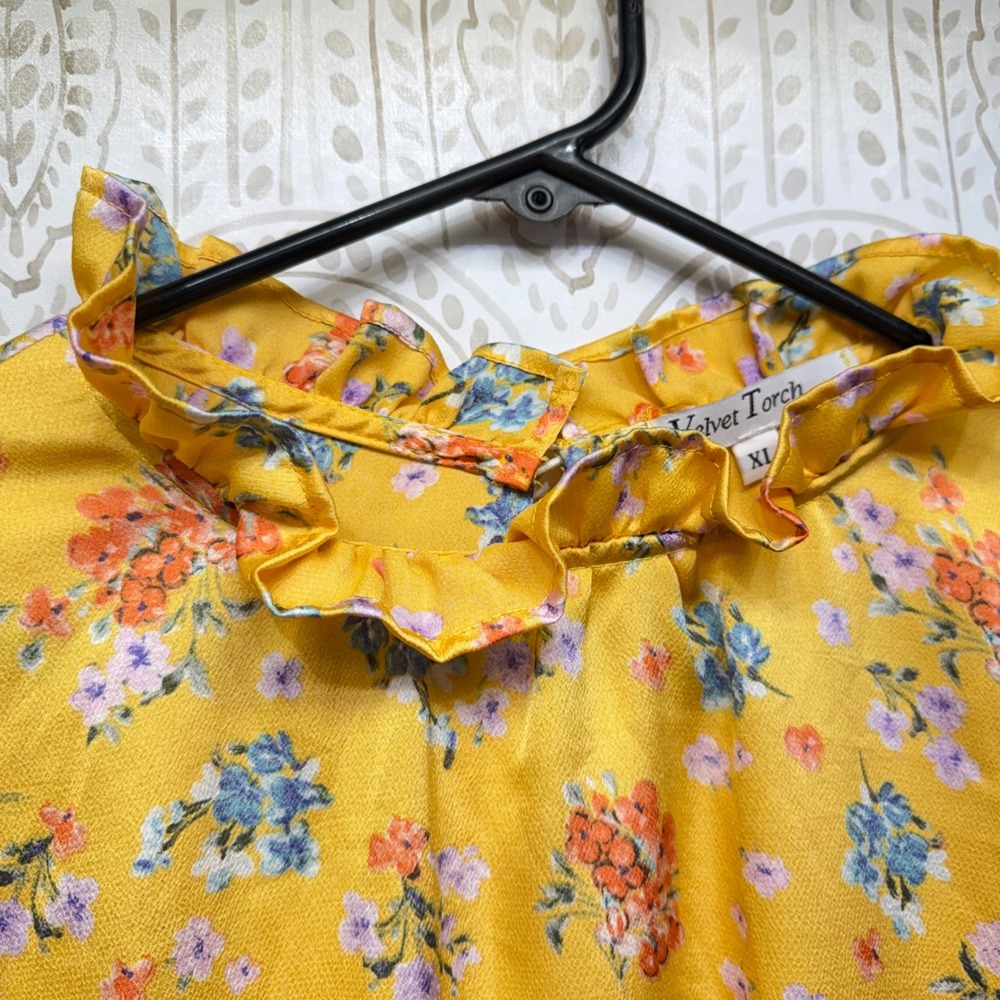 Velvet Torch Mini Dress Women XL Yellow Floral Ruffle Puff Sleeve Keyhole Back - Picture 4 of 9